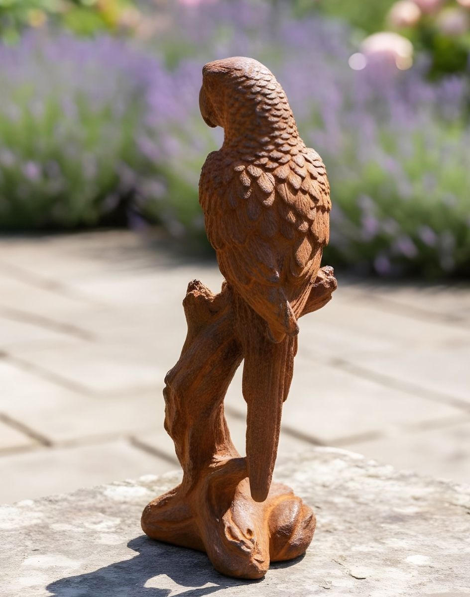 Digital illustration of Rustic Cast Iron "Parrot On Branch" Garden Sculpture view of back of sculpture