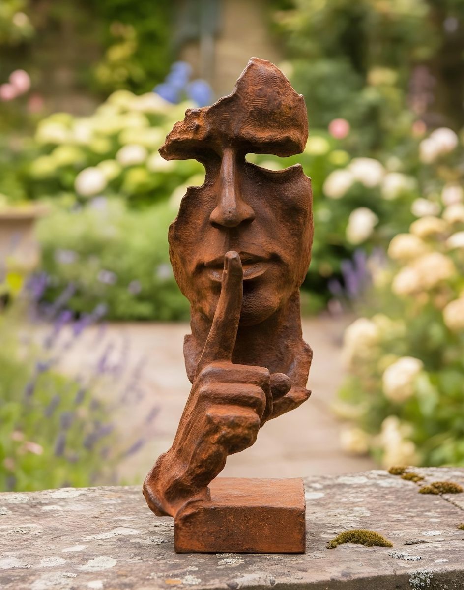 Digital illustration of Rustic Cast Iron Abstract "Listener" Sculpture in a garden