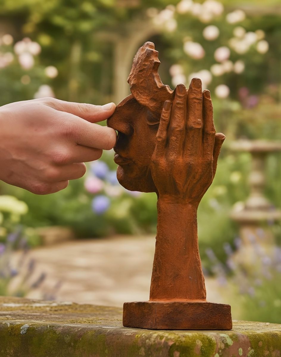 Digital illustration of Rustic Cast Iron Abstract "Listener" Sculpture with hand in shot for scale