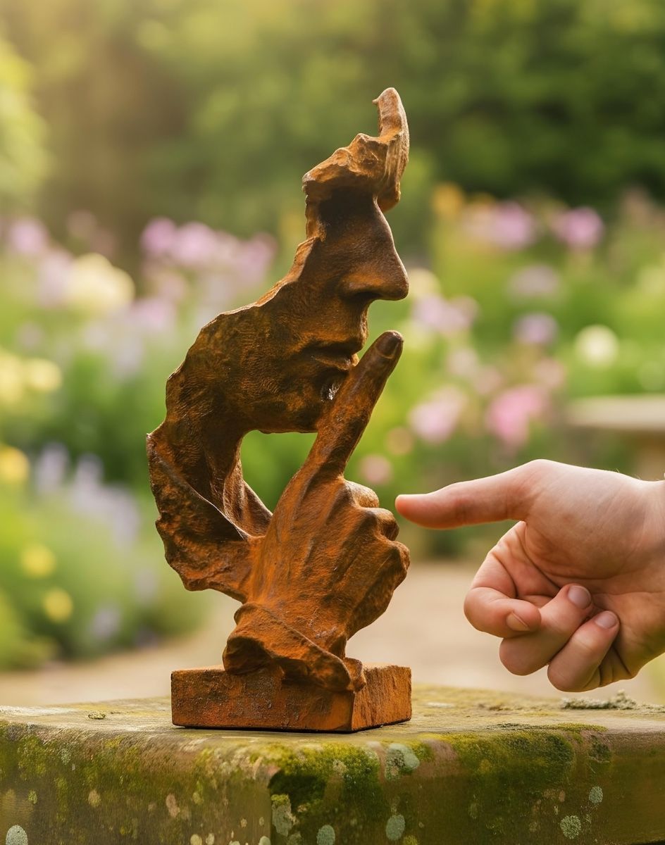 Digital illustration of Rustic Cast Iron Abstract "Listener" Sculpture side view in a garden with hand in shot for scale