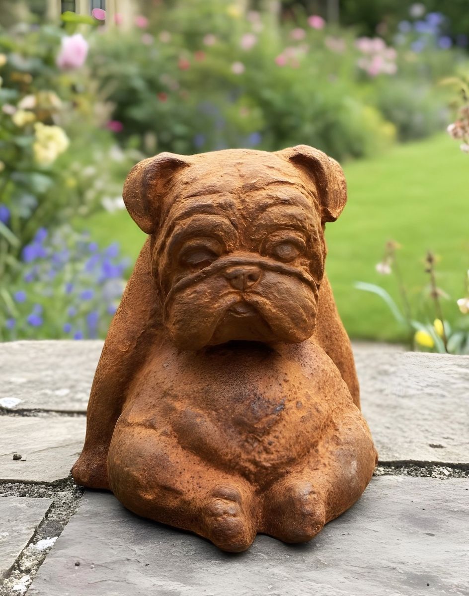 Digital illustration of Rustic Cast Iron "Bentley" the Bulldog Sculpture in front of garden lawn