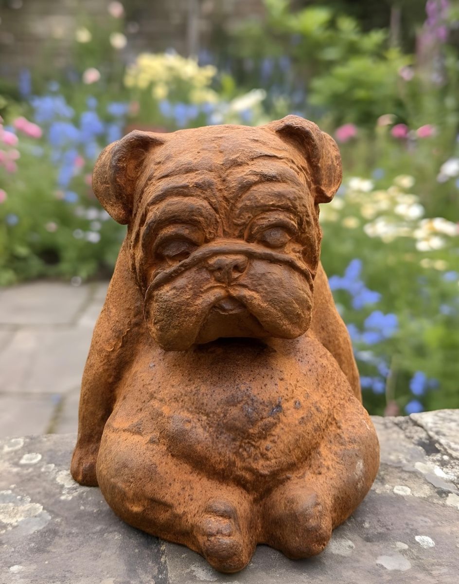 Digital illustration of Rustic Cast Iron "Bentley" the Bulldog Sculpture sat on garden wall