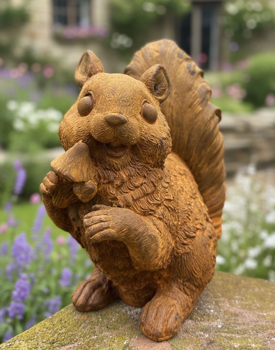 Digital illustration of Rustic Cast Iron "Chatter" the Squirrel Sculpture in cottage garden