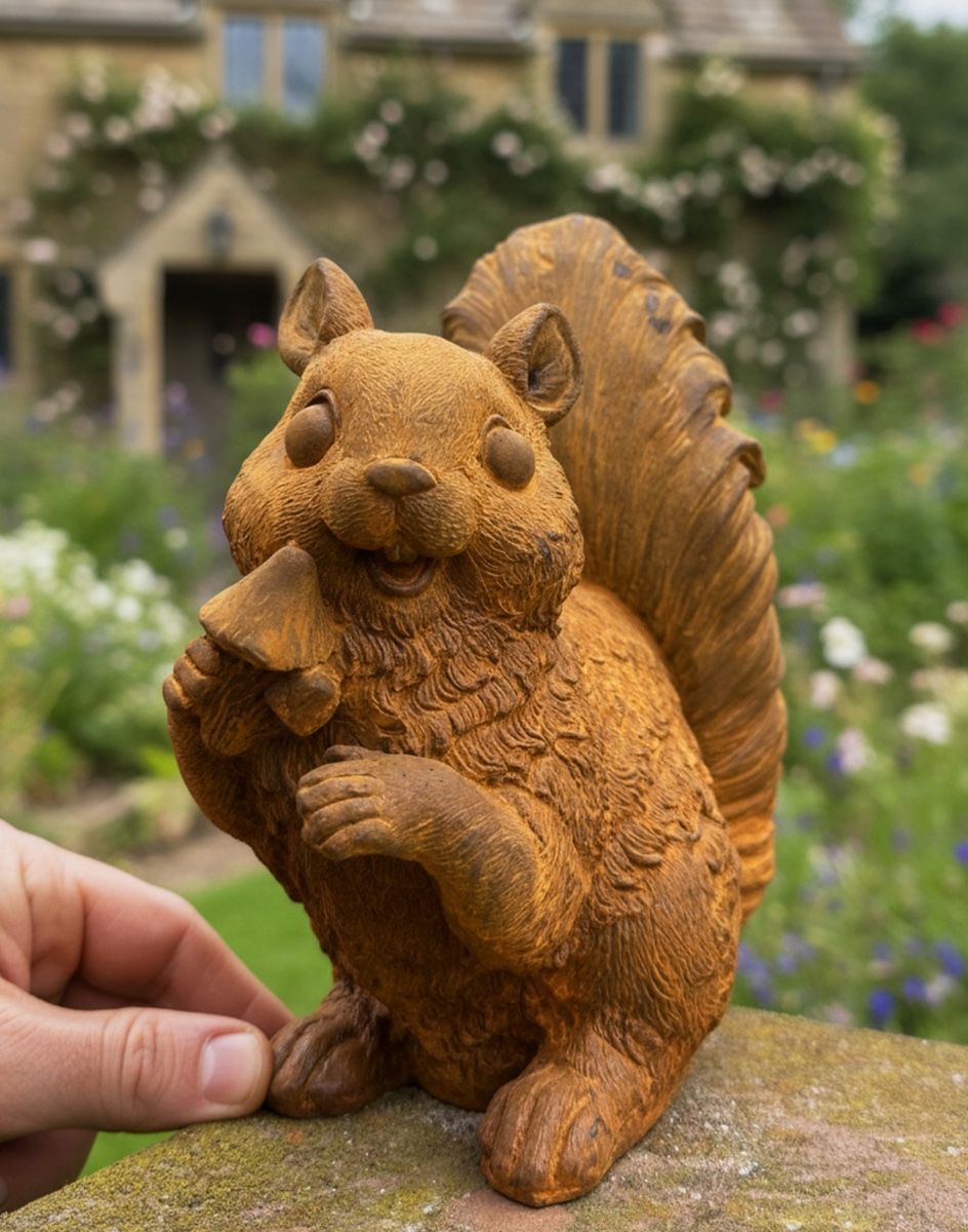 Digital illustration of Rustic Cast Iron "Chatter" the Squirrel Sculpture with hand in shot for scale