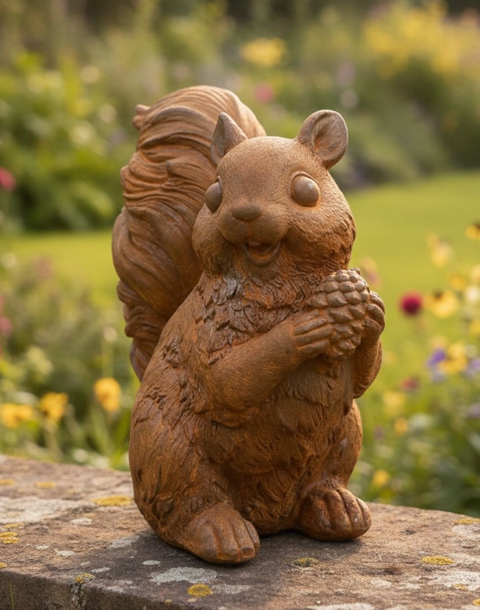 Digital illustration of Rustic Cast Iron "Chester" the Squirrel Sculpture on garden wall