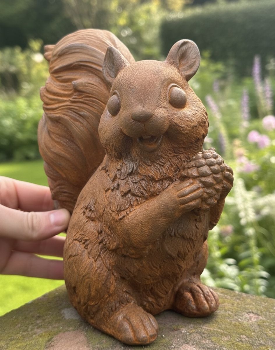 Digital illustration of Rustic Cast Iron "Chester" the Squirrel Sculpture with hand in shot for scale