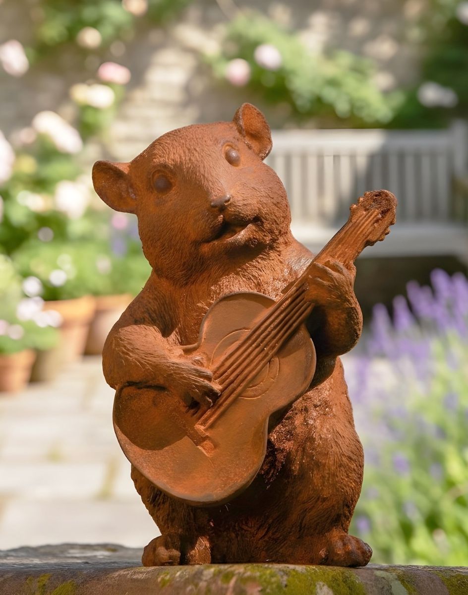Digital illustration of Rustic Cast Iron Chipmunk Playing Guitar Sculpture low angle view in a garden
