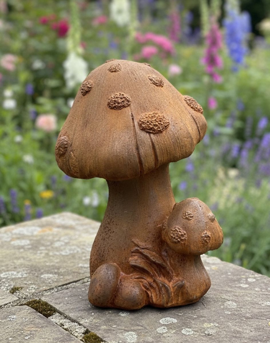 Digital illustration of Rustic Cast Iron "Enchanted Toadstool" Sculpture in a flower garden