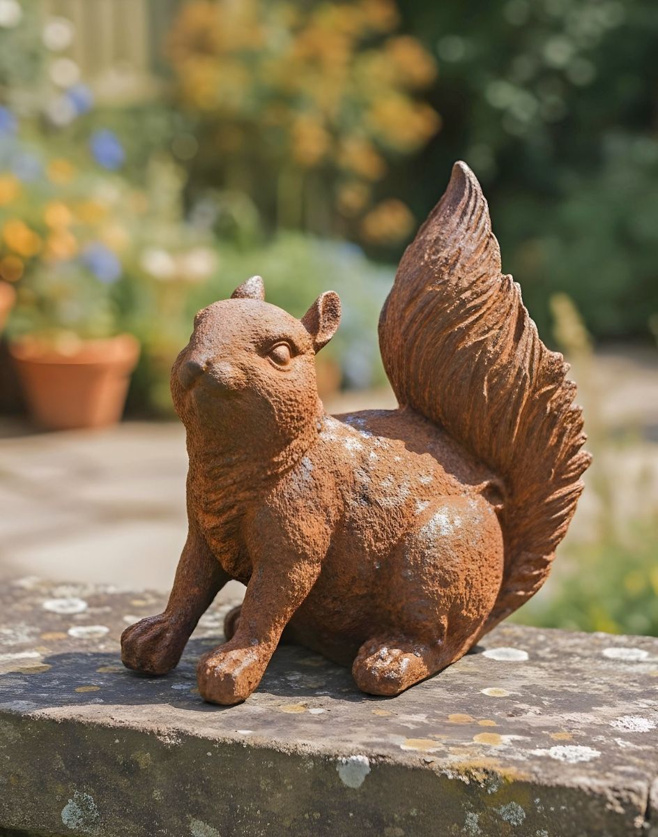 Digital illustration of Rustic Cast Iron Freestanding Squirrel Garden Sculpture on garden wall