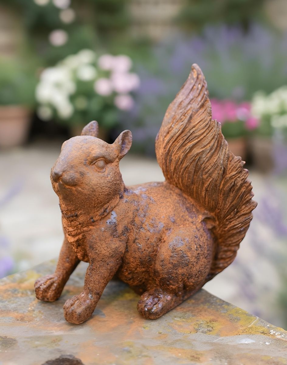 Digital illustration of Rustic Cast Iron Freestanding Squirrel Garden Sculpture close up view