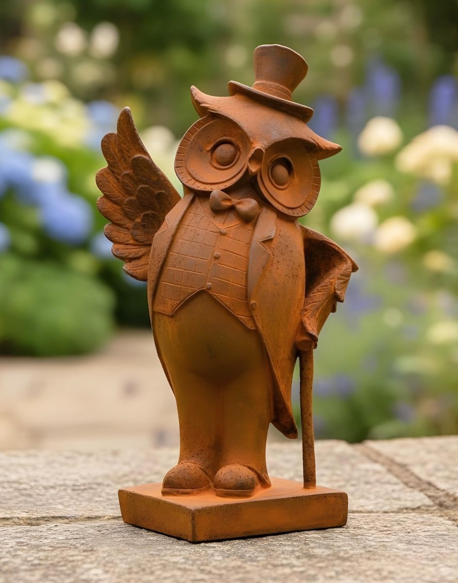 Digital illustration of Rustic Cast Iron Gentleman Owl Sculpture in a garden