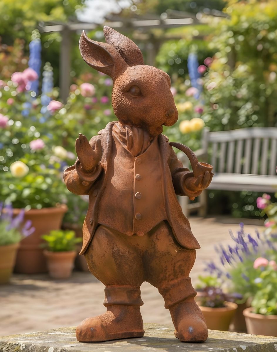 Digital illustration of Rustic Cast Iron Hare with Pipe Sculpture- Large in a garden