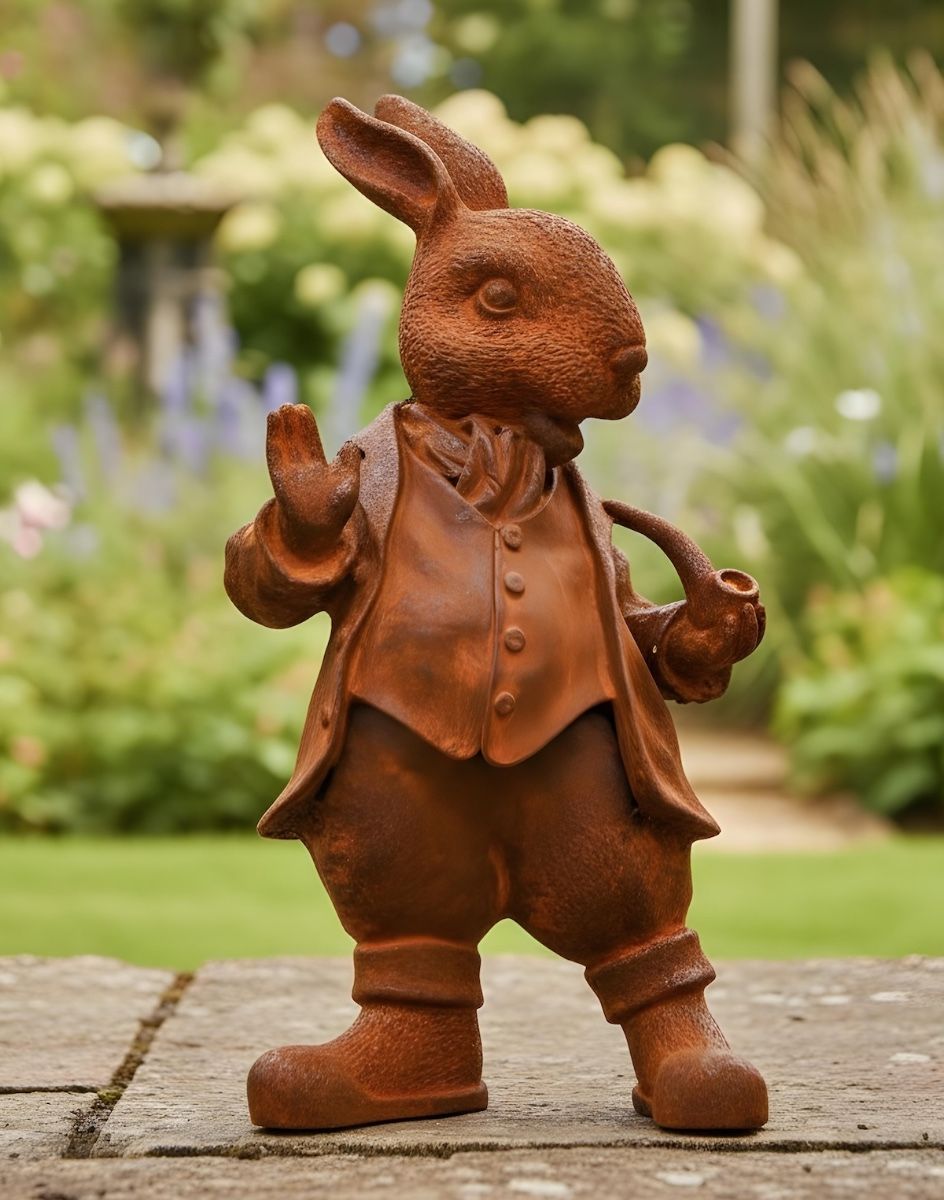 Digital illustration of Rustic Cast Iron Hare with Pipe Sculpture- Small in a garden