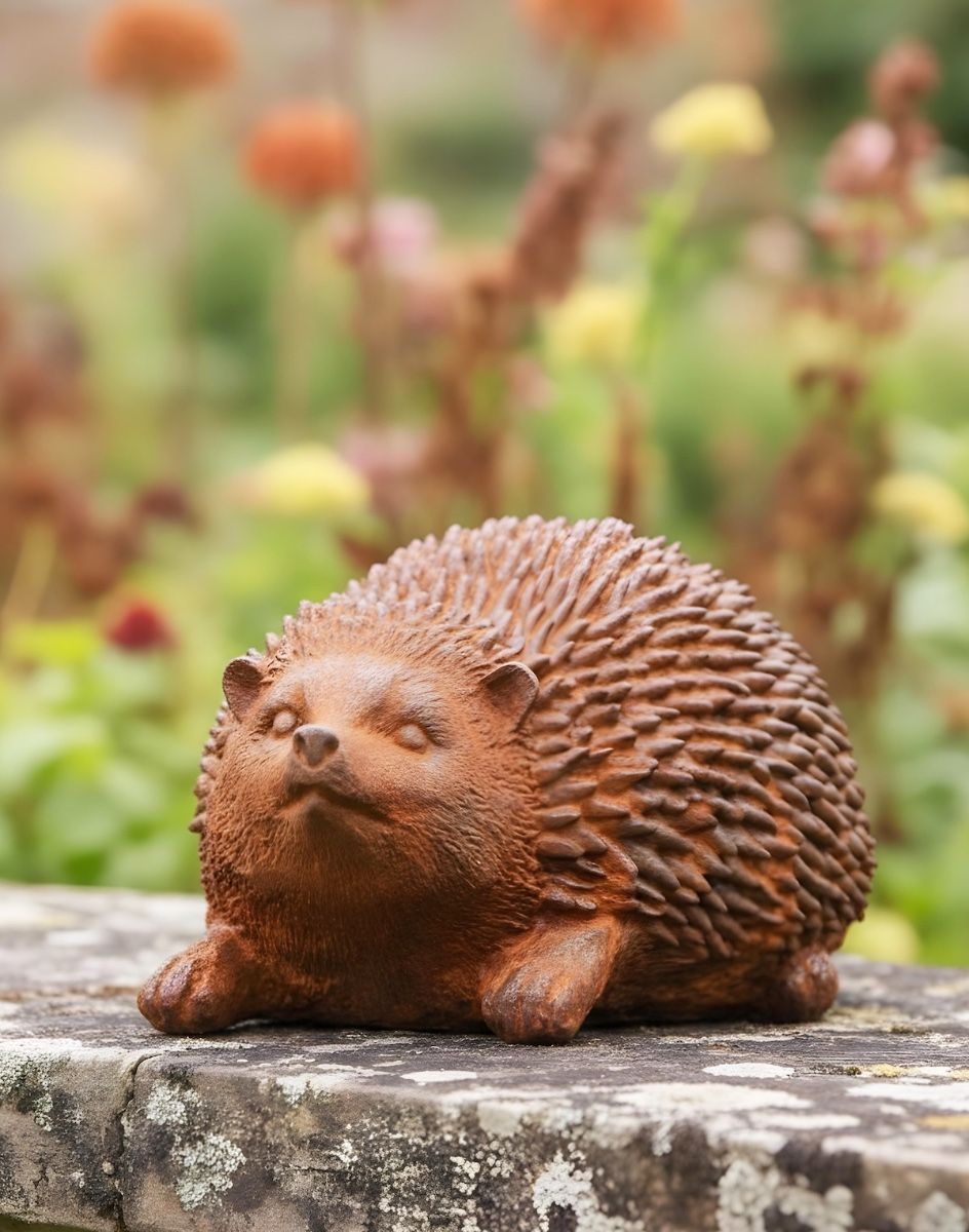 Digital illustration of Rustic Cast Iron Hedgehog Sculpture head on view
