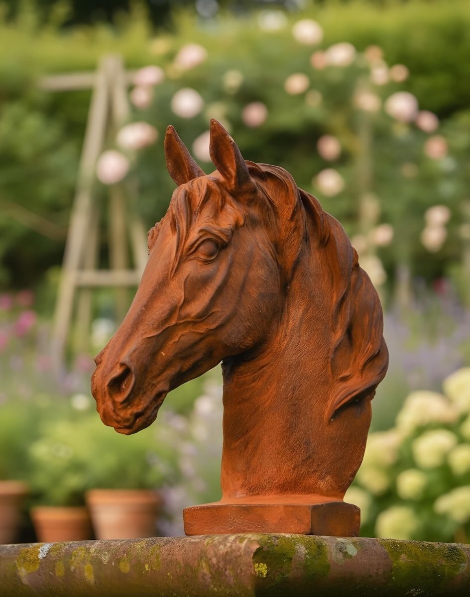 Digital illustration of Rustic Cast Iron Horse Bust positioned on a wall