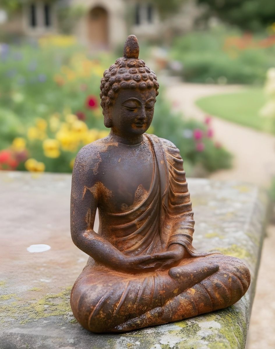 Digital illustration of Rustic Cast Iron Meditating Buddha Sculpture angled view in garden
