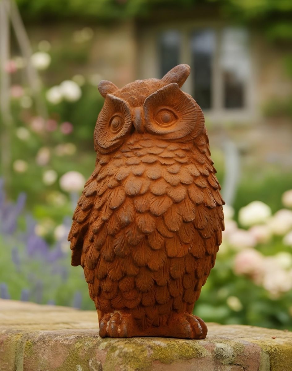 Digital illustration of Rustic Cast Iron Owl Sculpture in garden