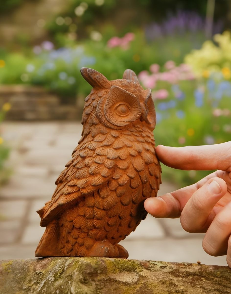 Digital illustration of Rustic Cast Iron Owl Sculpture with hand in shot for scale