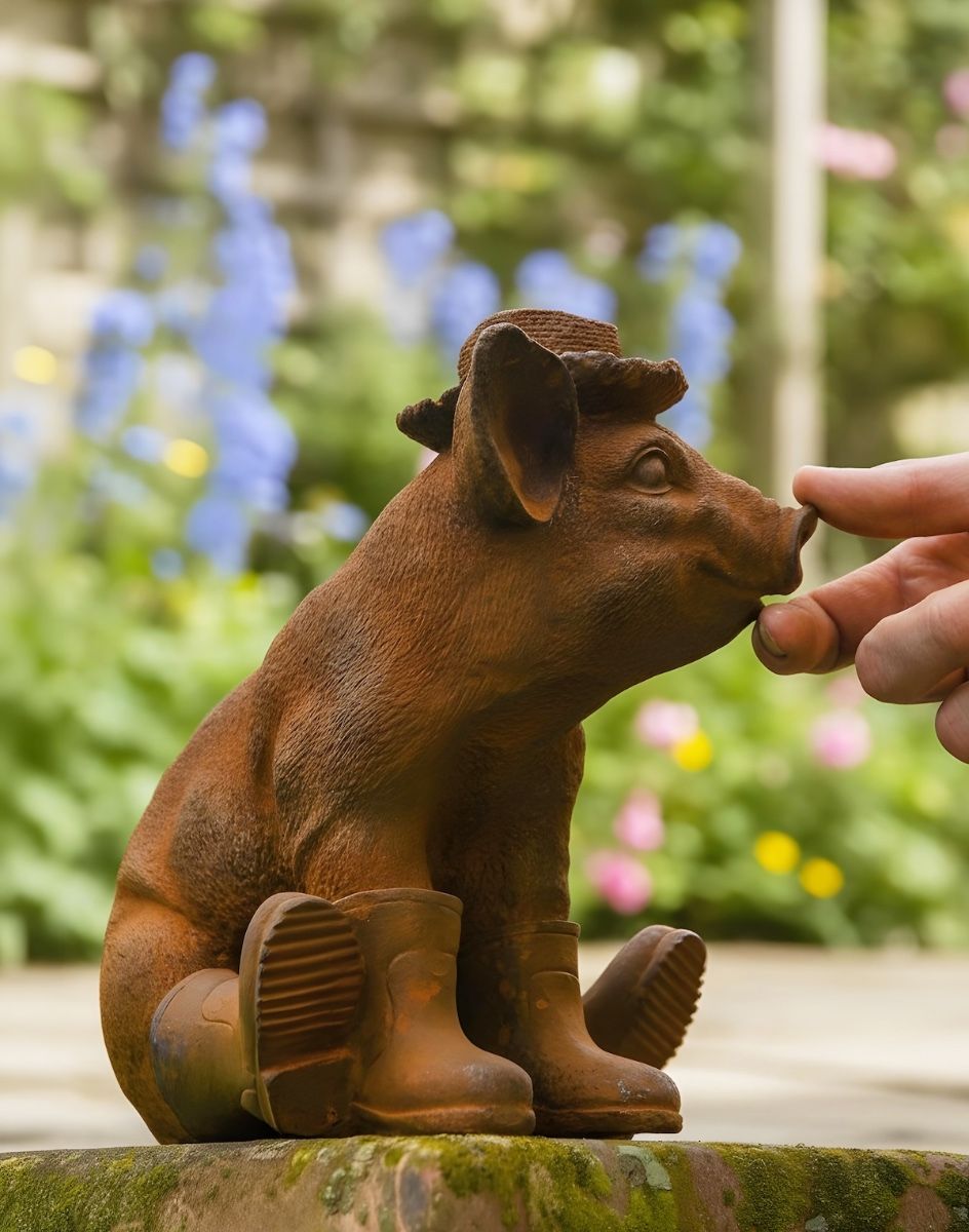 Digital illustration of Rustic Cast Iron Pig in Wellies Sculpture side view in a garden