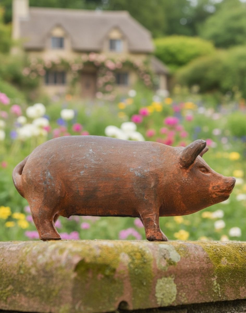Digital illustration of a small Rustic Cast Iron Pig Sculpture on a garden wall with a cottage in the background