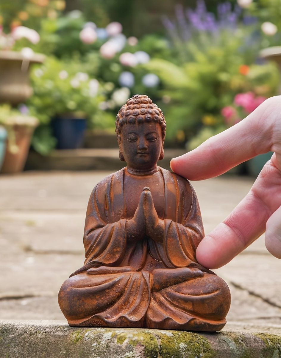 Digital illustration of Rustic Cast Iron Praying Buddha Sculpture with hand in shot for scale