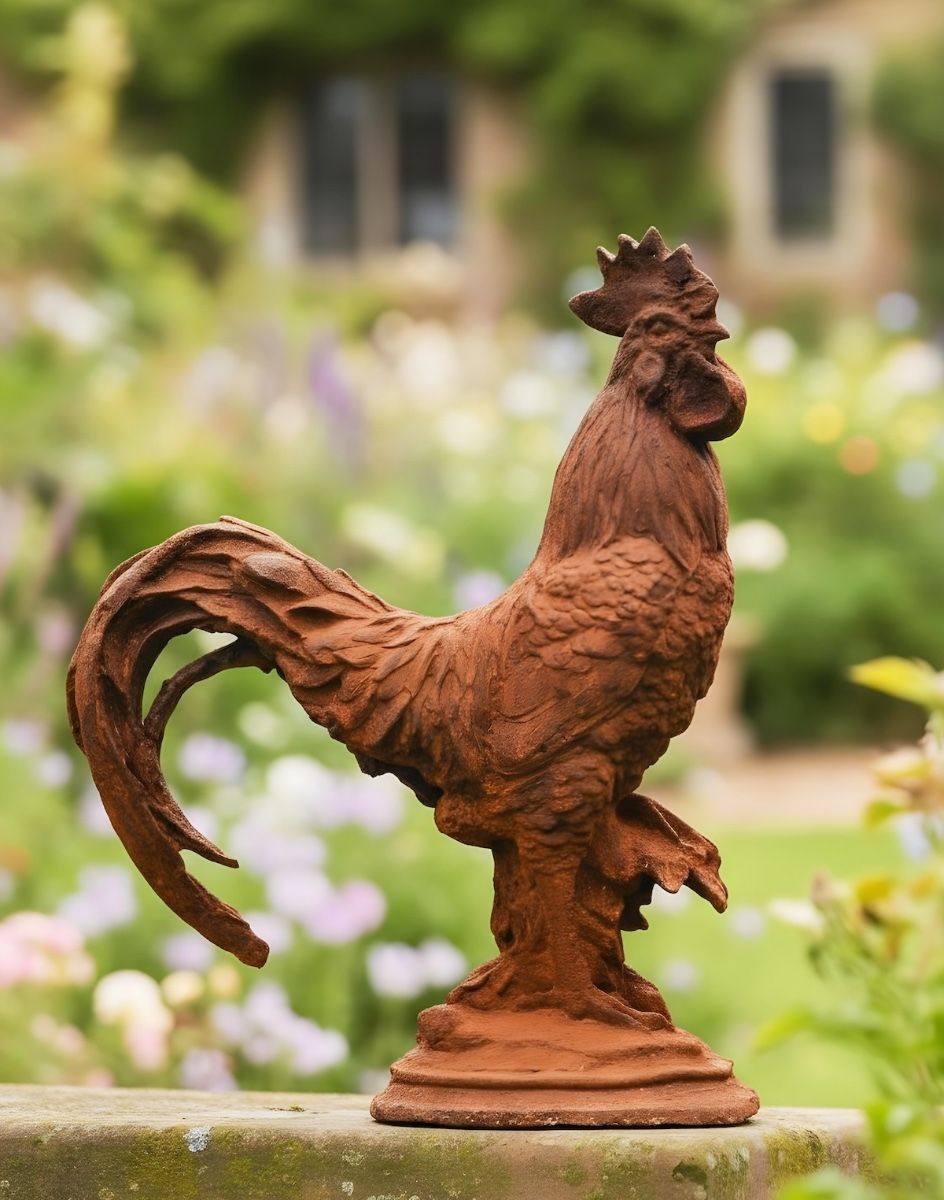 Digital illustration of Rustic Cast Iron Proud Rooster Sculpture on wall 