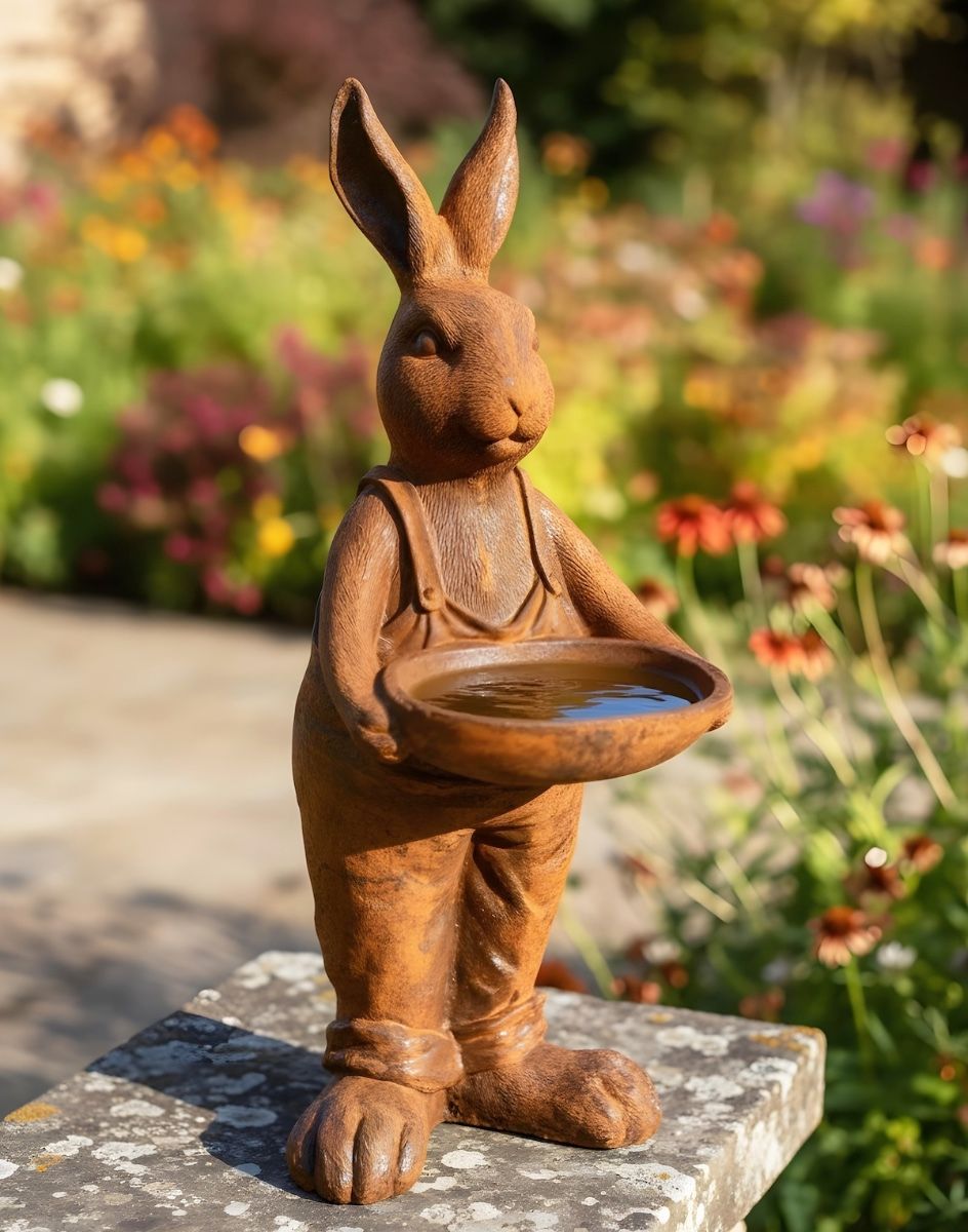 Digital illustration of Rustic Cast Iron Rabbit Holding Bowl Sculpture & Bird Bath in garden