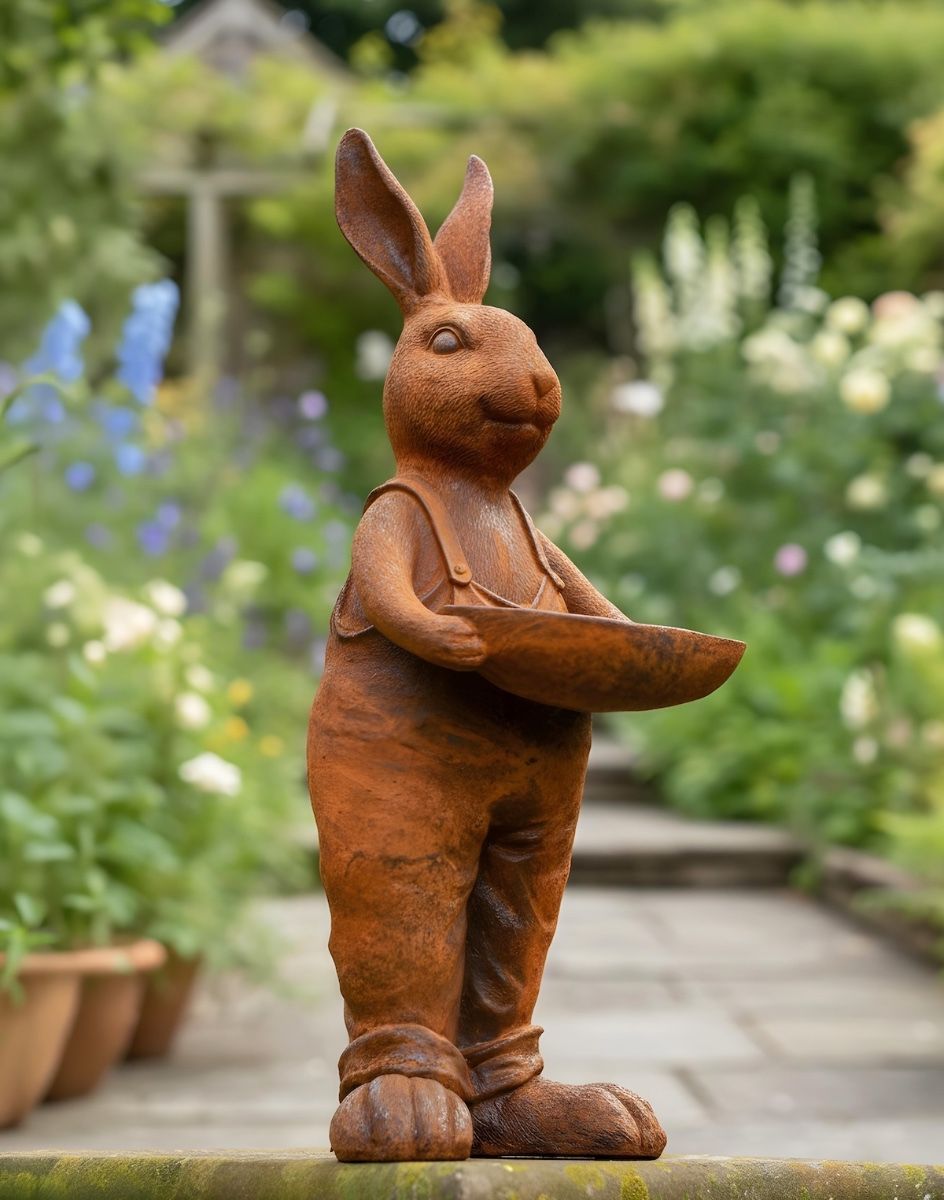 Digital illustration of Rustic Cast Iron Rabbit Holding Bowl Sculpture & Bird Bath low angled view in a garden