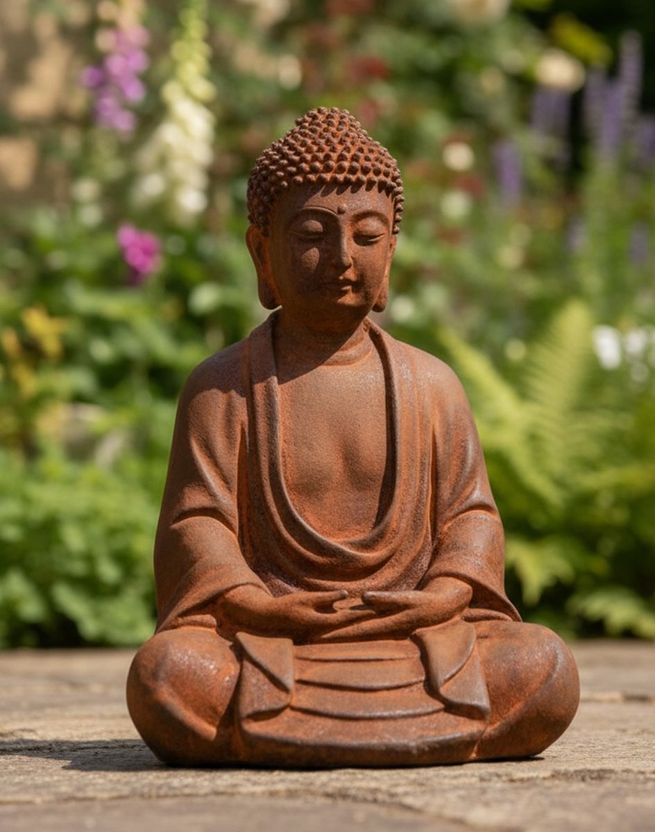 Digital illustration of Rustic Cast Iron Sitting Buddha Sculpture in sunny garden patio