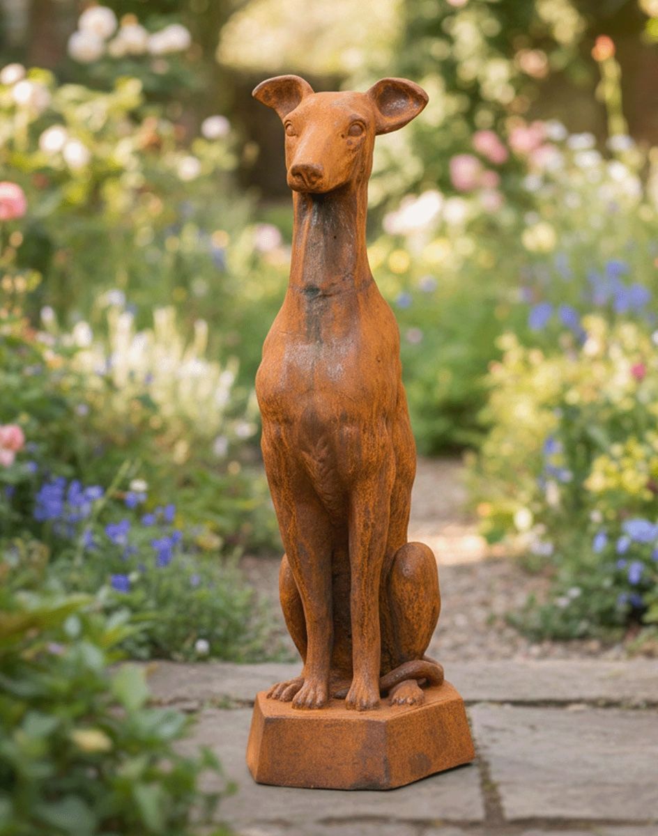 Digital Illustration of Rustic Cast Iron Sitting Greyhound Sculpture in a Wild Flower Garden 