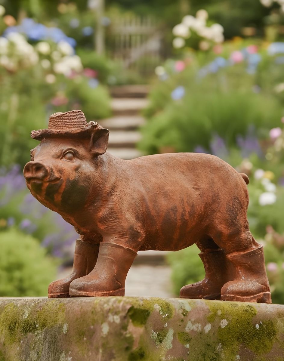 Digital illustration of Rustic Cast Iron Standing Pig in Wellies Sculpture in a cottage garden