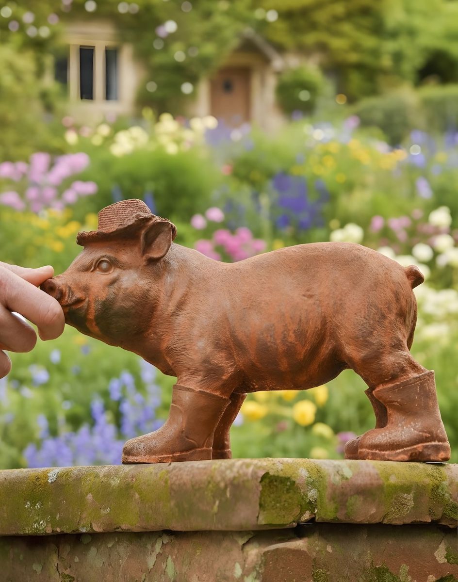 Digital illustration of Rustic Cast Iron Standing Pig in Wellies Sculpture with hand in shot for scale