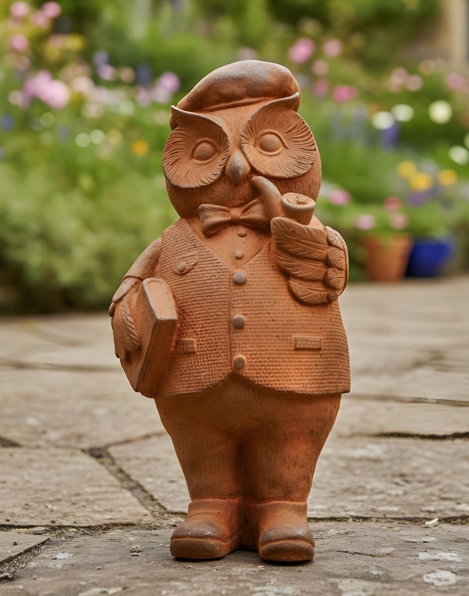 Digital illustration of Rustic Cast Iron Studious Owl Sculpture - Small in garden facing front