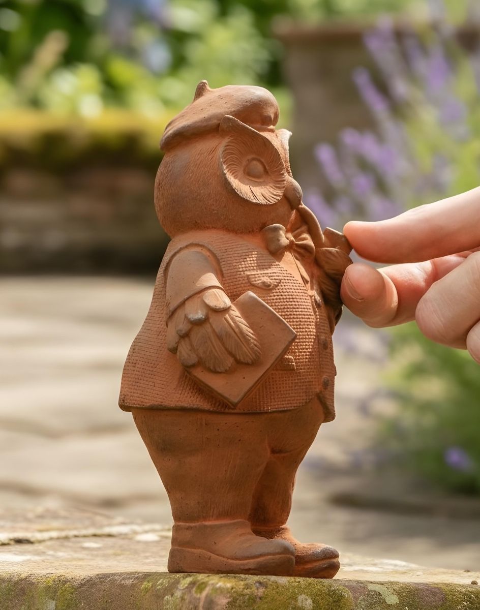 Digital illustration of Rustic Cast Iron Studious Owl Sculpture - Small side view with hand in shot for scale