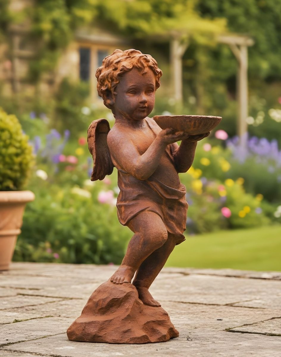 Digital illustration of Rustic Cast Iron Winged Cherub with Bird Bath Sculpture in garden