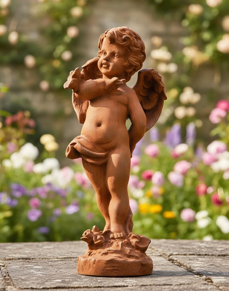 Digital illustration of Rustic Cast Iron Winged Cherub with Butterfly Sculpture in sunny garden
