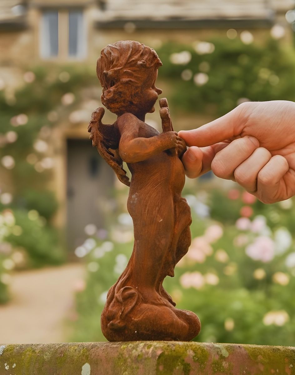 Digital illustration of Rustic Cast Iron Winged Cherub with Harp Sculpture side view in a cottage garden
