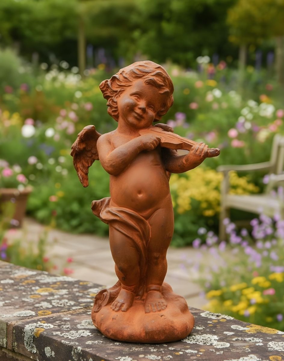 Digital illustration of Rustic Cast Iron Winged Cherub with Violin Sculpture on garden wall