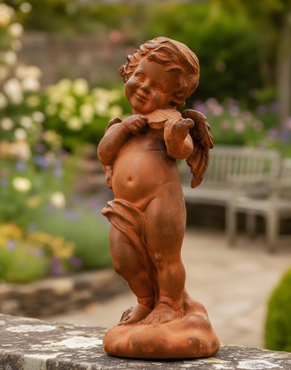 Digital illustration of Rustic Cast Iron Winged Cherub with Violin Sculpture in a walled garden