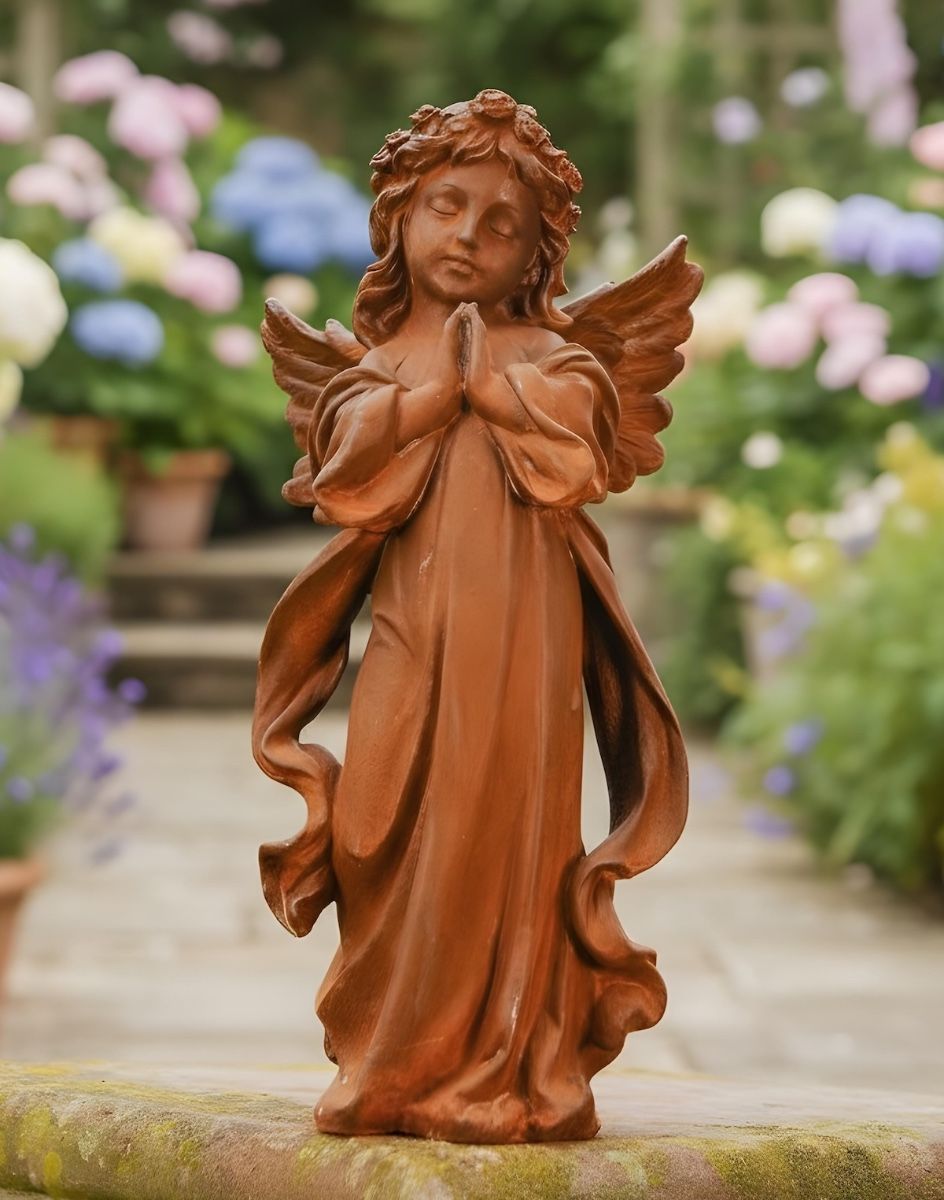 Digital illustration of Rustic Cast Iron Winged Praying Angel Sculpture in flowery garden