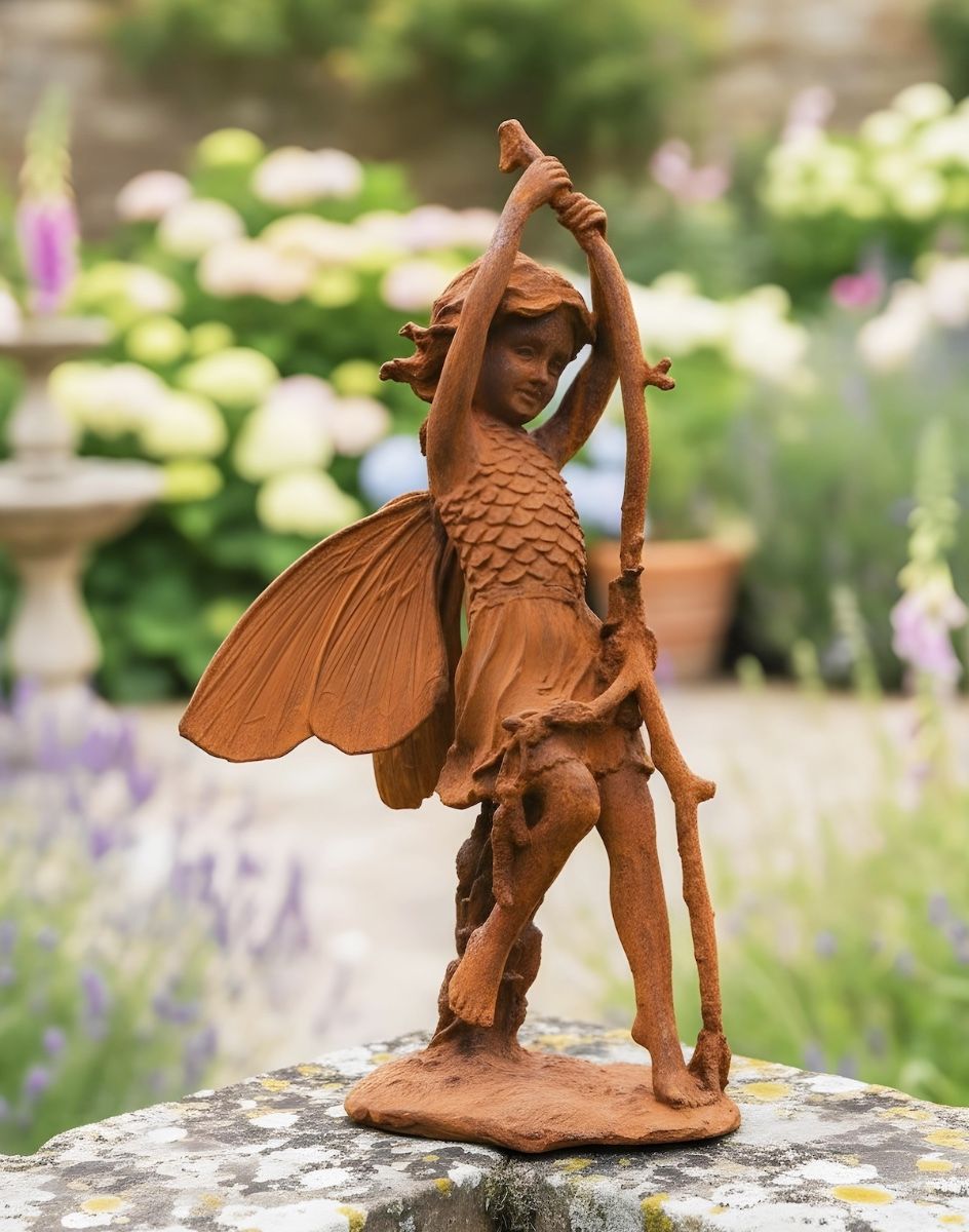 Digital illustration of Rustic Cast Iron Woodland Fairy Sculpture positioned on a wall