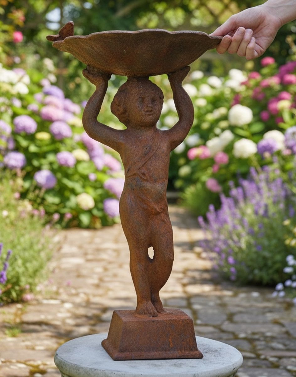 Digital illustration of Rustic Cherub Bird Bath with hand in shot for scale