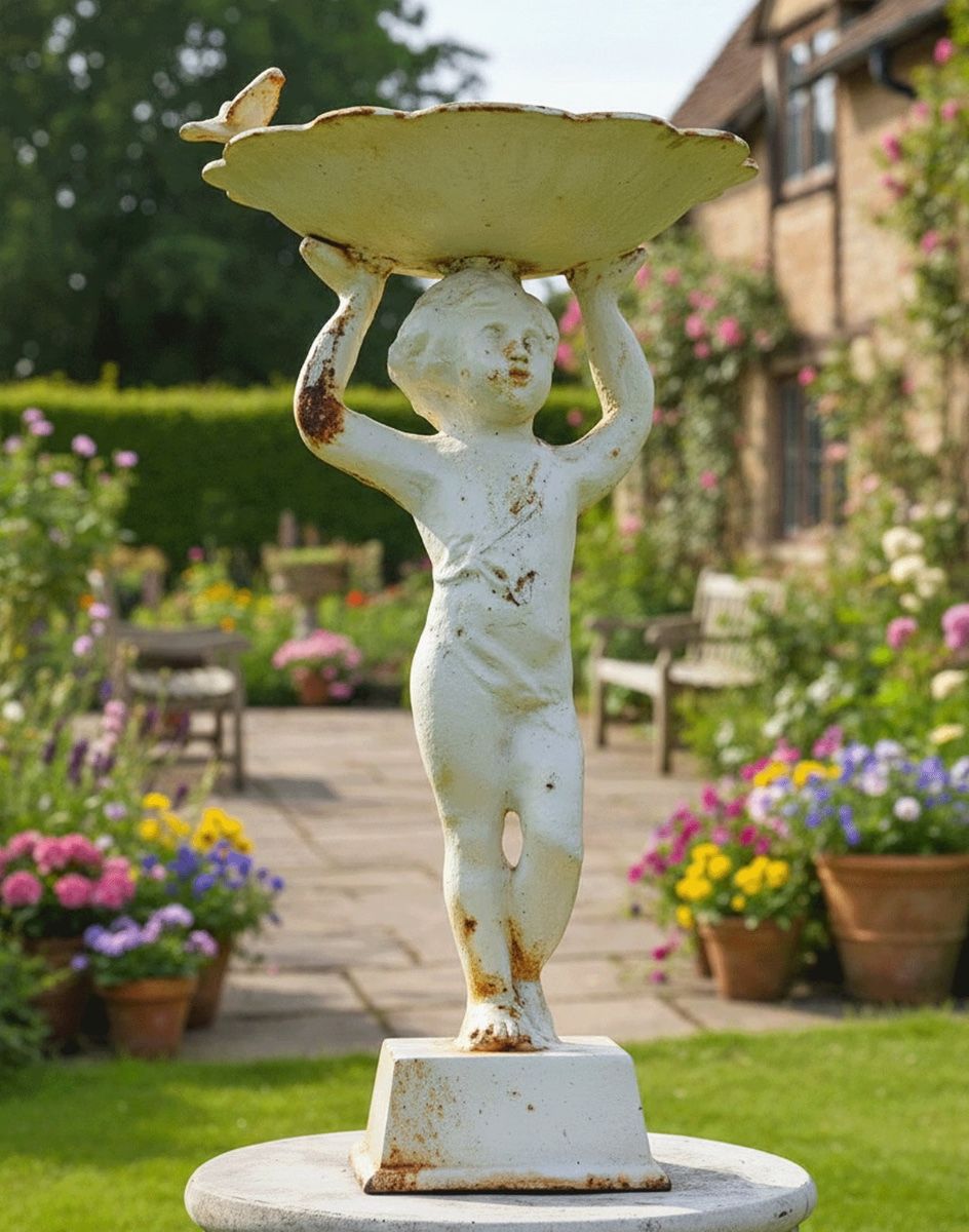 Digital Illustration of Rustic Cream Cherub Bird Bath in a Sunny Cottage Garden