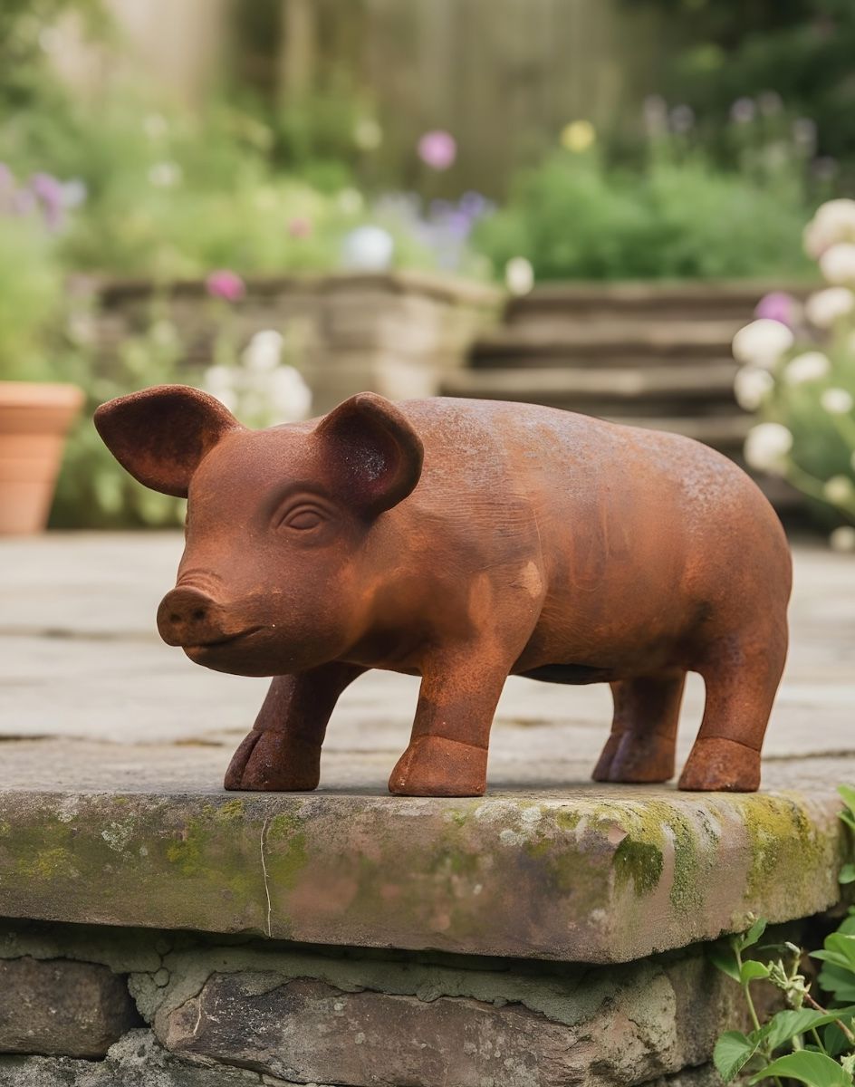 Digital illustration of Rustic Iron Pig Sculpture- Medium in a garden