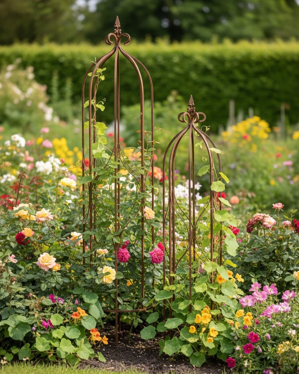 Digital illustration of ornate planters in rose garden flower border