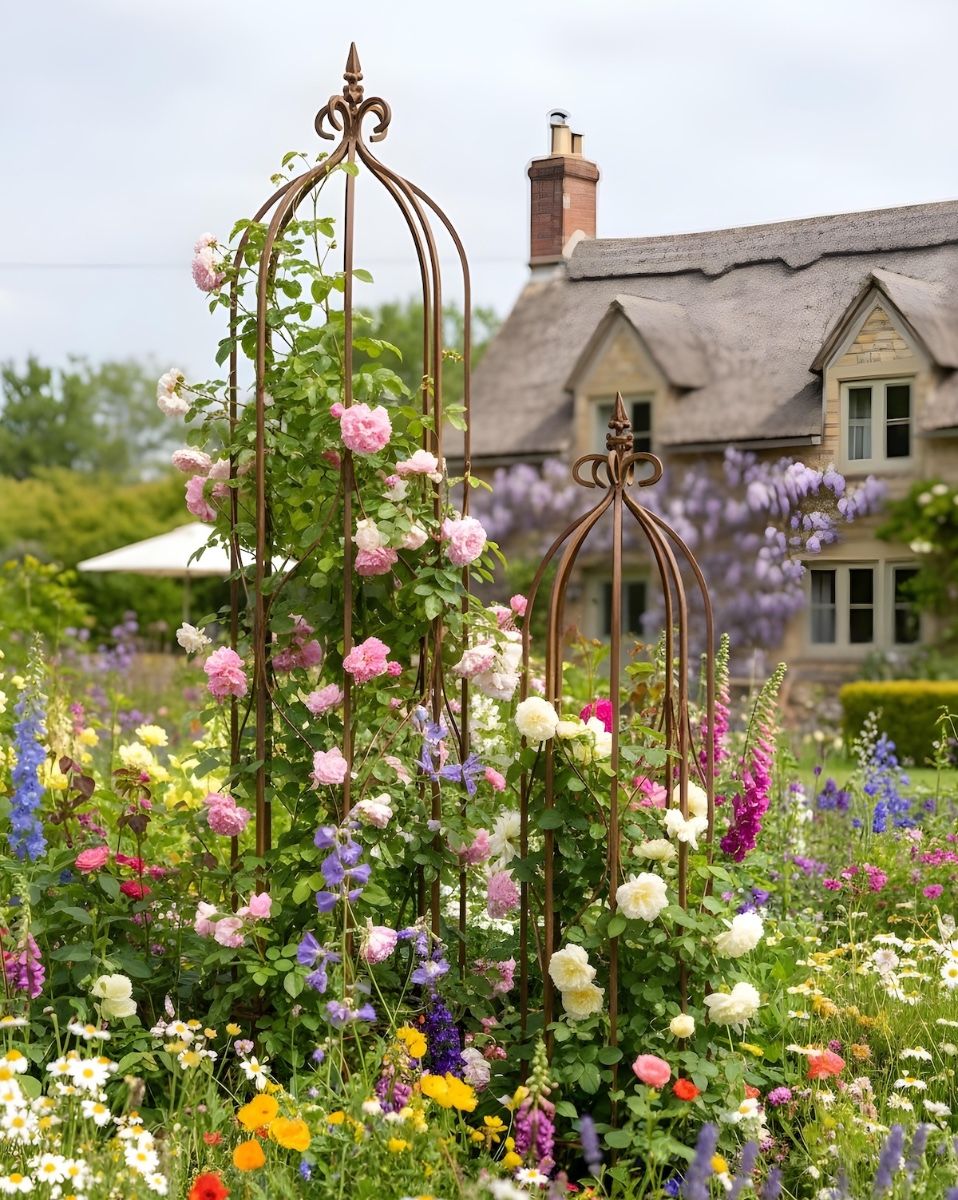 Digital illustration of ornate planters in rose garden