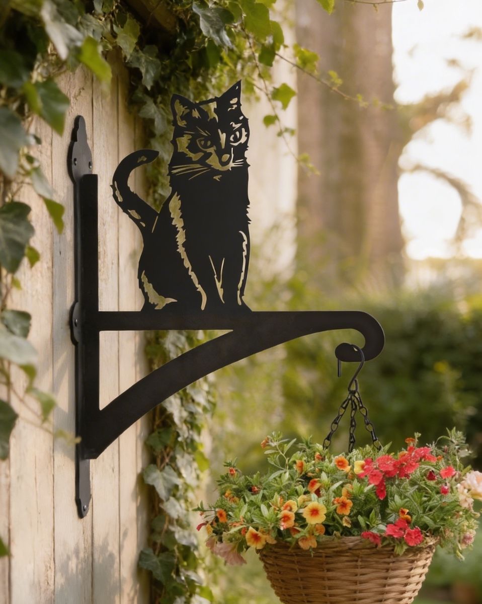 Digital illustration of Sitting Cat Hanging Basket Bracket fence mounted on a fence