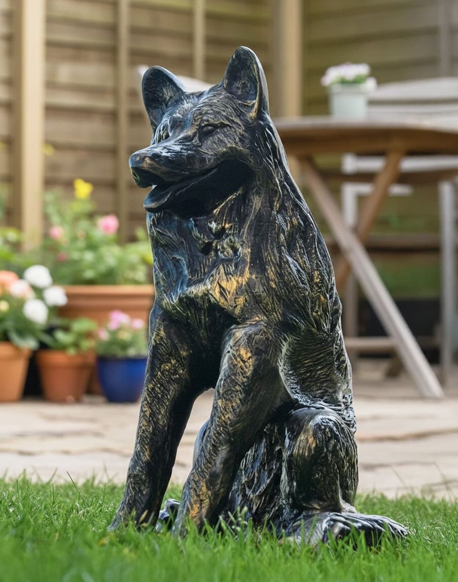 Digital Illustration of Sitting Fox Garden Sculpture on a Garden Lawn