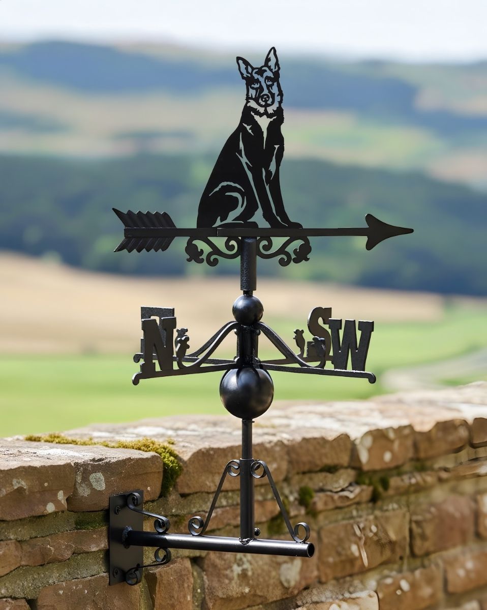 Digital illustration of Sitting German Shepherd Weathervane mounter on stone wall