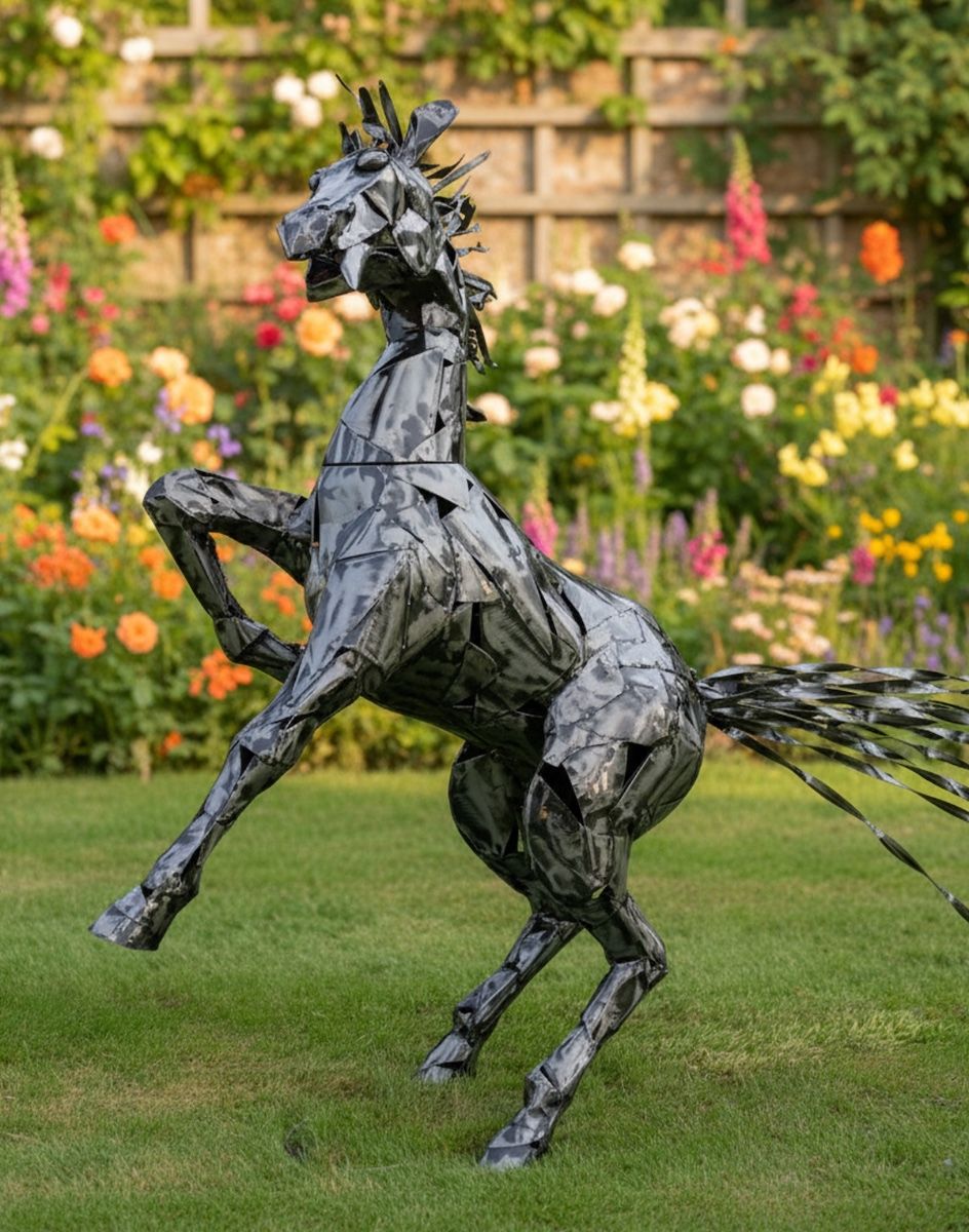 Digital illustration of the "Spirit" Horse Sculpture in a garden at sunset